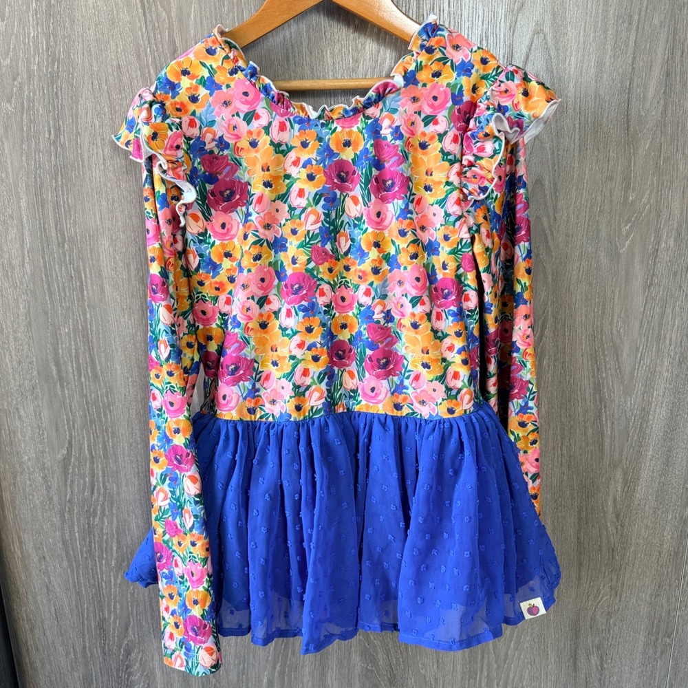 Cheeky Plum Leotard Skirt Girls 10Y Blue Floral Swiss Dot Tutu Balletcore Dance